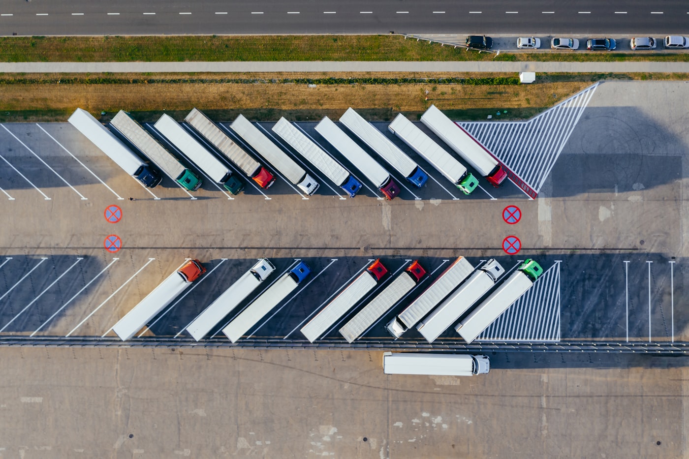 Aerial view of a logistics truck yard