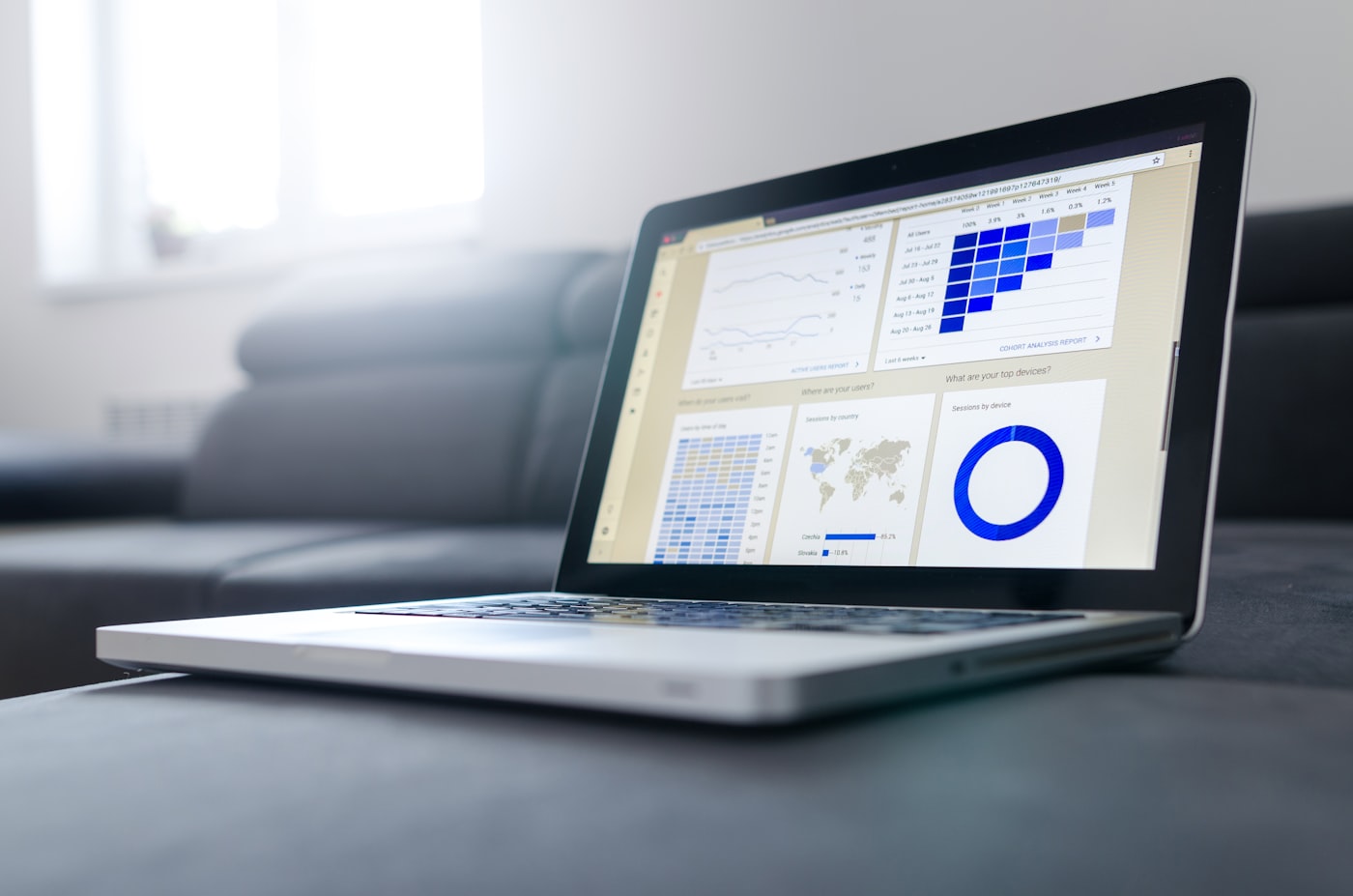 Laptop showing an analytics dashboard with charts and usage maps
