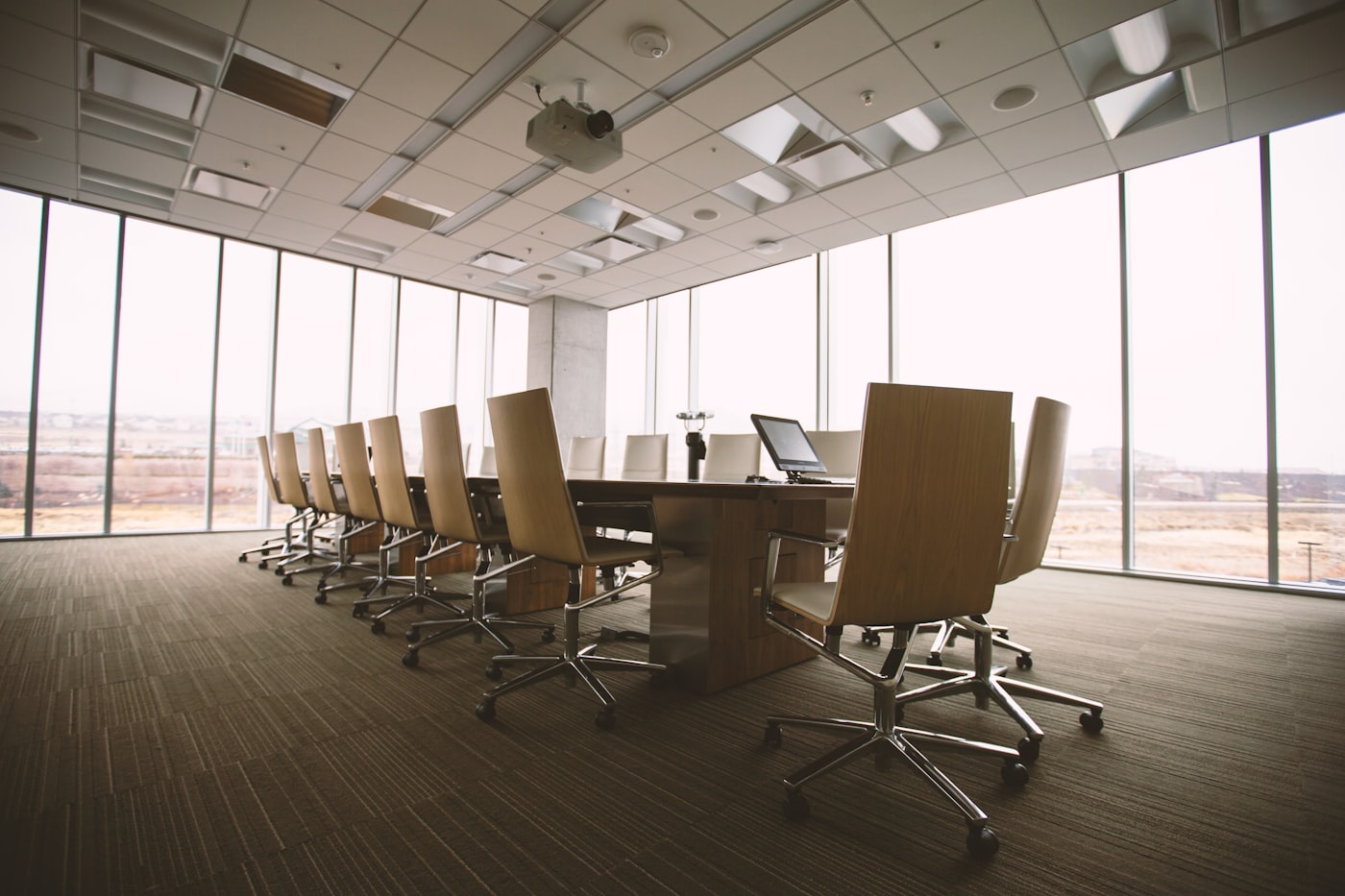 Executive boardroom with floor-to-ceiling windows